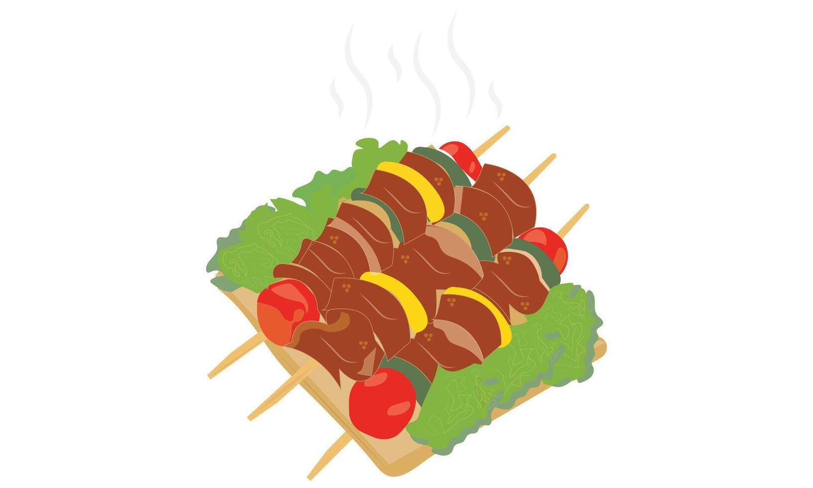 Barbecue Meat Shashlick, Grilled Skewers with Vegetables and Meat on a Bed of Lettuce on a wooden serving plate, BBQ Tandoori Meat Tikka vector