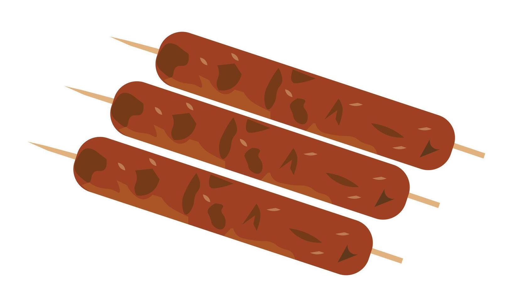 Satay skewers, grilled meat on wooden sticks, Seekh Kababs on skewers, Sausages on sticks, shish kebabs illustration isolated on a white background vector