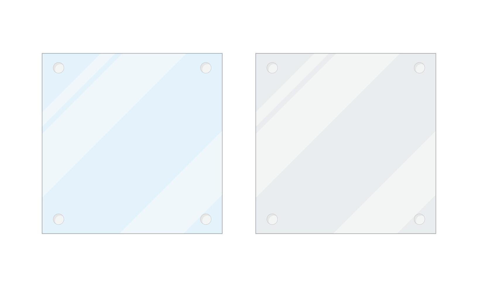 Two square glass plates with mounting clip holders, Glass Mirror Vectors, Metal Plates, Metal Panels with Mounting Holes, on a White Background vector