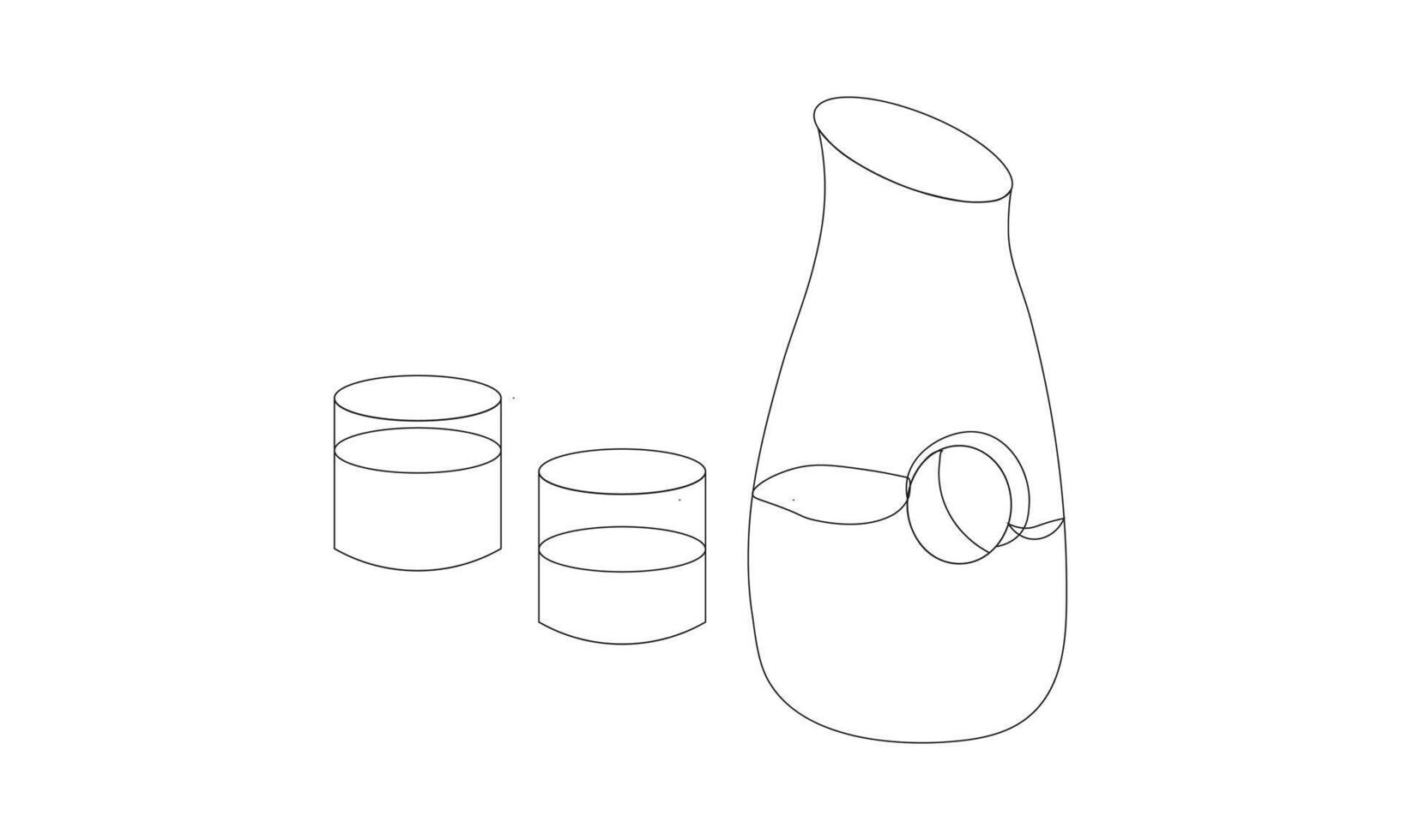 Jug and Glass Drinking Set Aesthetic Outline Silhouettes, Sake set with carafe and cups on white background vector