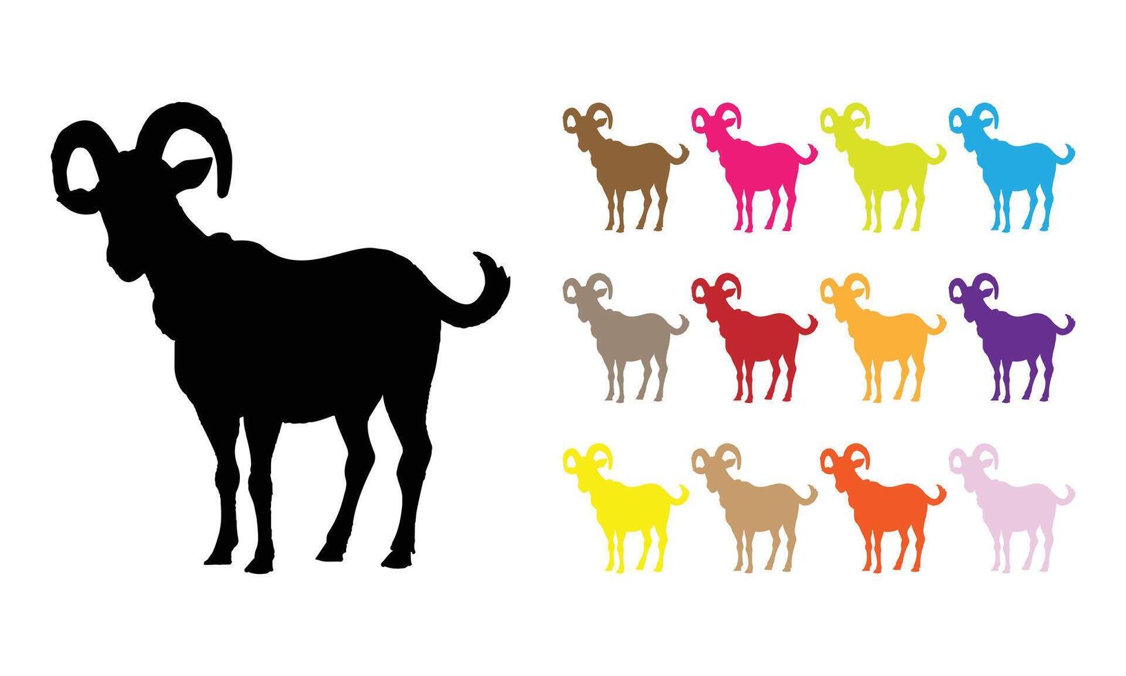 Ram Sheep Silhouette with Multiple Color Options, Wild Horned Goat Silhouettes on a white background vector