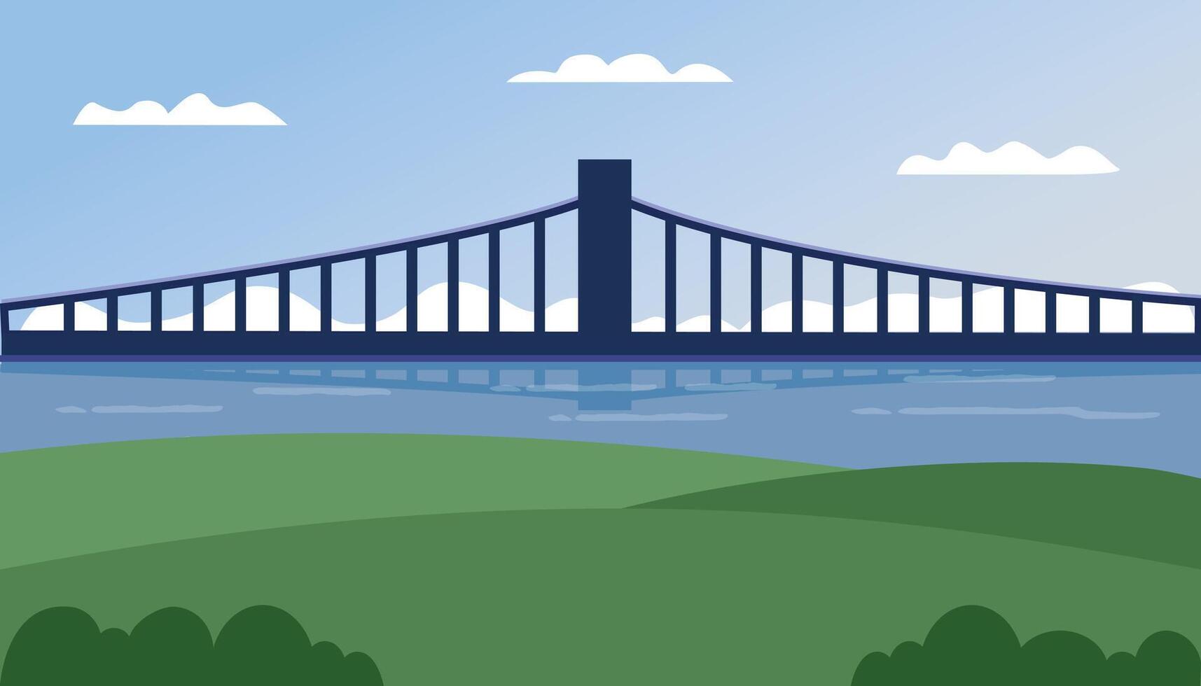 Bridge and hill illustration. River scenery. Sunny day. Park scenery. Golden bridge. vector