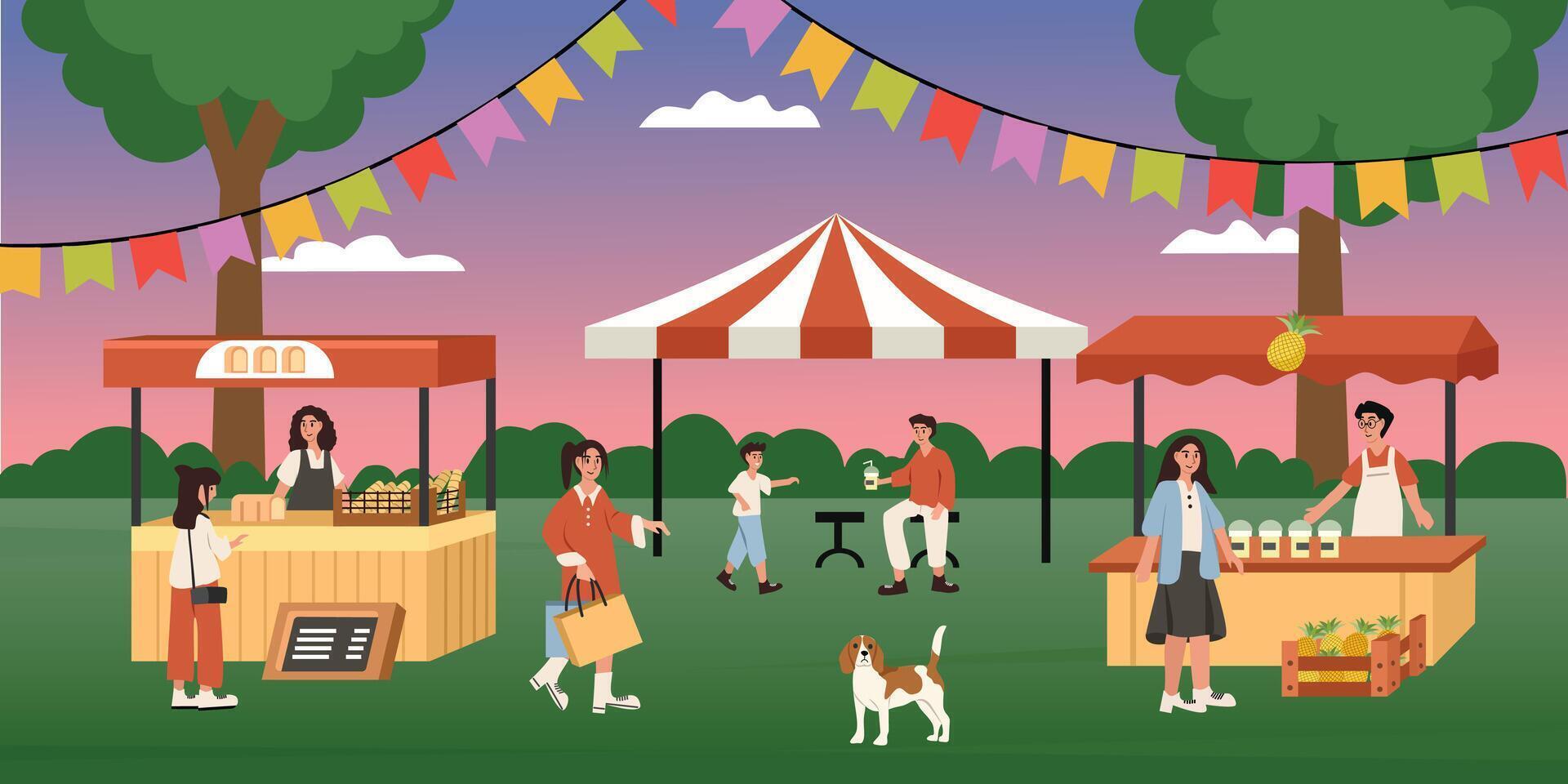 Picnic on summer holiday. Vibrant farmers market scene with people, food stalls, and a lively atmosphere . Street food. Food festive. Carnival. vector