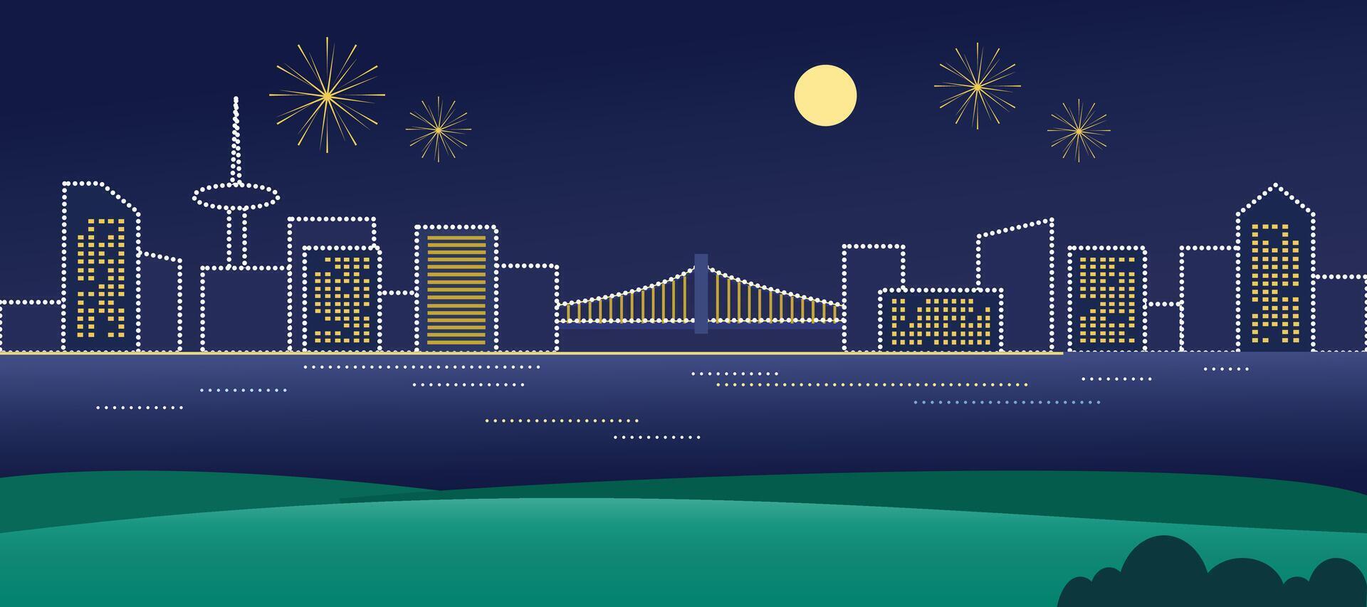 City fireworks new year. Citylight view. Lake scenery. City tower. Moonlight. Fireworks festive. Metropolitan building. Night skyscraper. vector