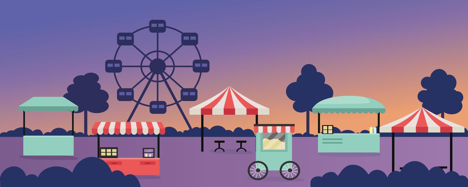 Night market. Amusement park. Food carnival. Street food. Food festive. Summer festive. Carnival Scene at Night vector