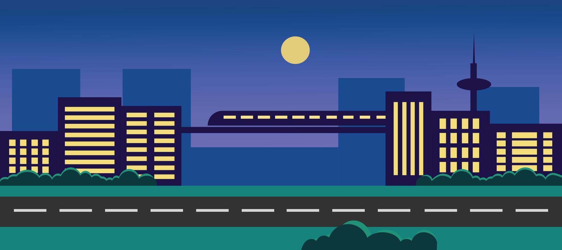 City train illustration. Train through the bridge. City building. Cityscape. Commuter line. Citylight. Railroad. Street. Moonlight. vector