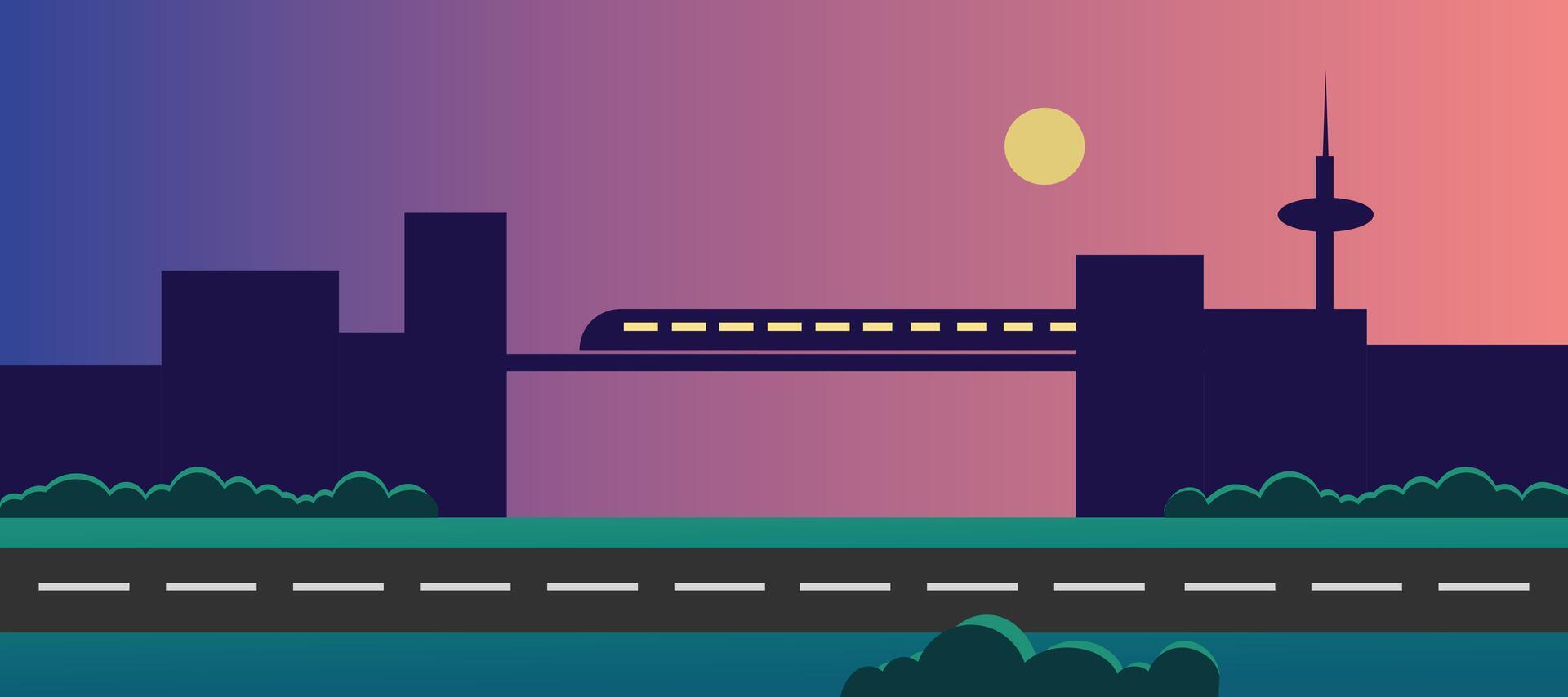 Night train. Silhouette train illustration. Train through the bridge. Public transportation. Panoramic train. vector