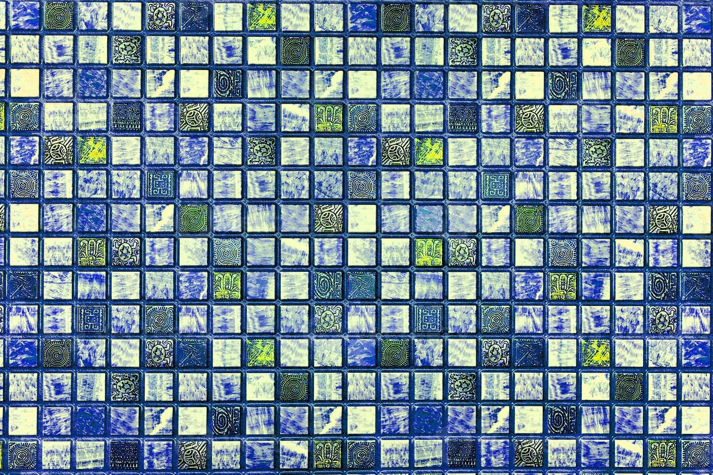 Blue green dirty checkered tiled abstract background photo