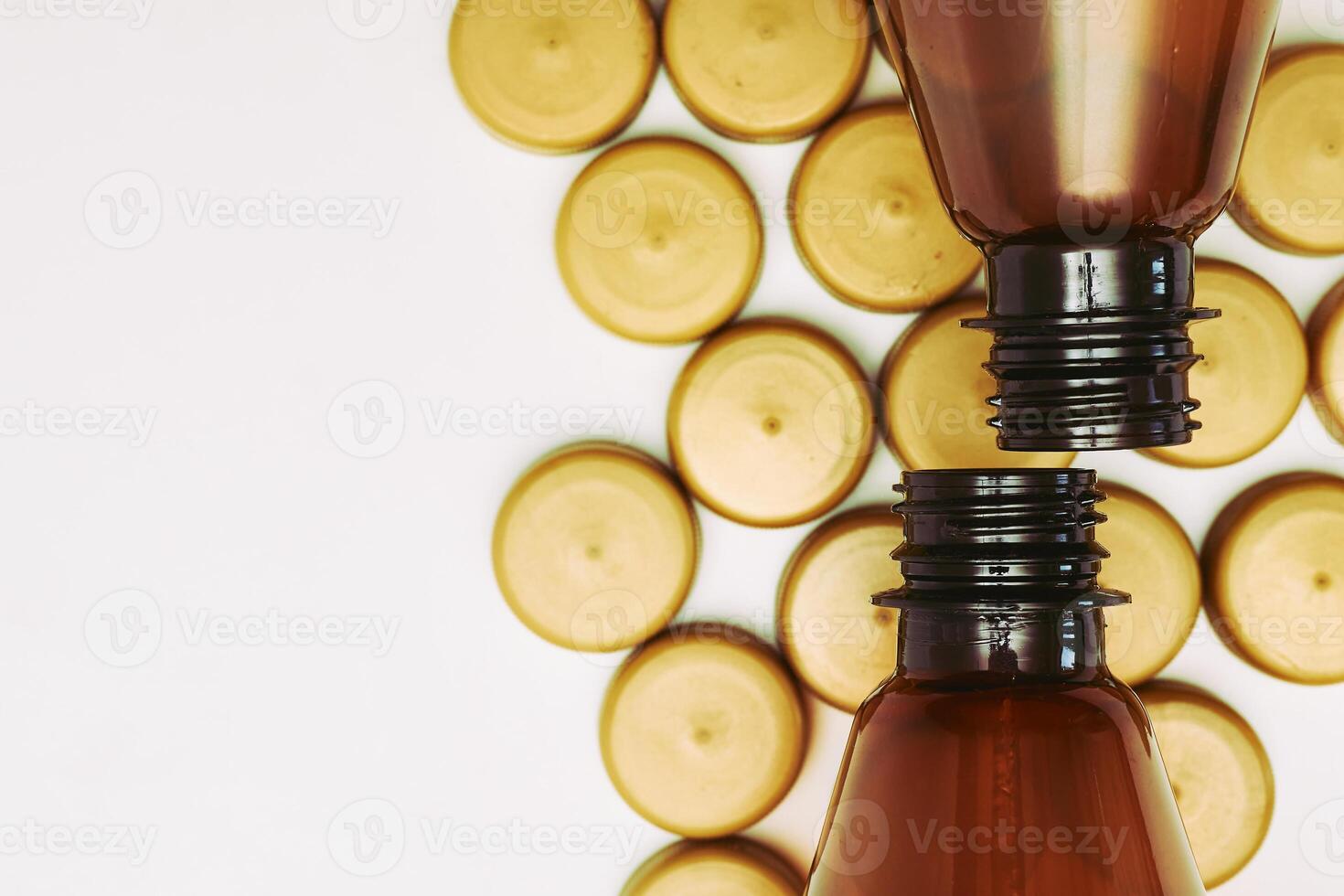 Brown plastic bottles with corks for beer,kvass,lemonade,ale,malt photo