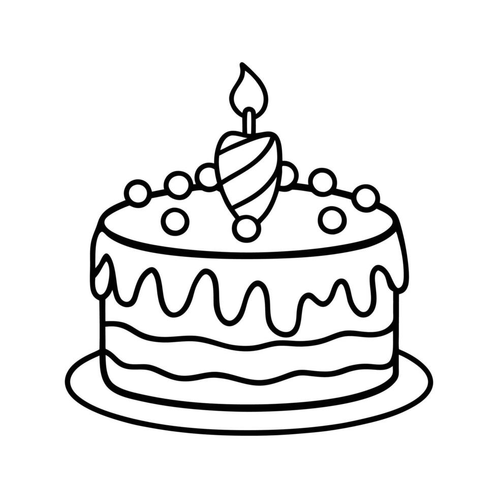 Black and white outline illustration of a birthday cake with lit candle on white background. vector