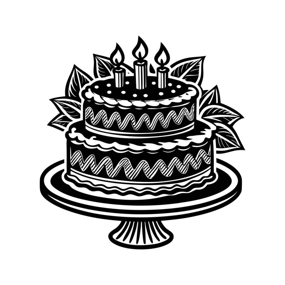 Elegant black and white birthday cake with candles and decorative leaf accents vector