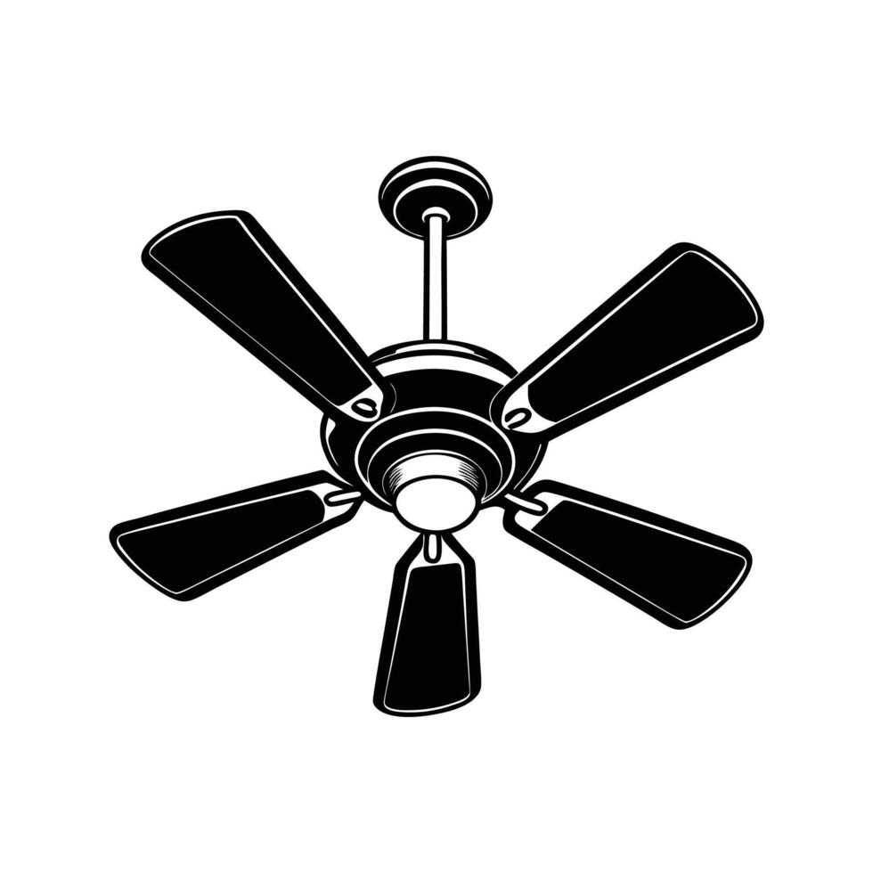 Black and white illustration of a modern five blade ceiling fan isolated vector