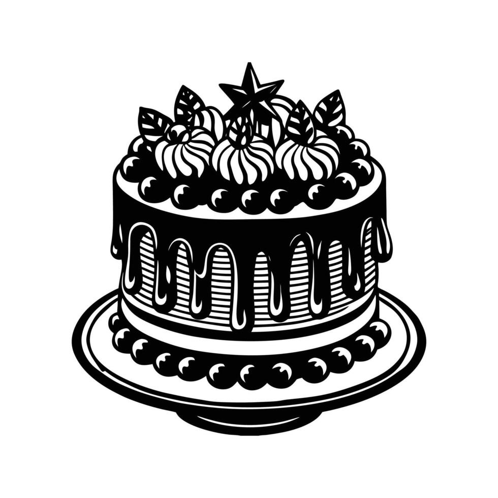 Elegant black and white layered cake decorated with icing berries and star topper vector