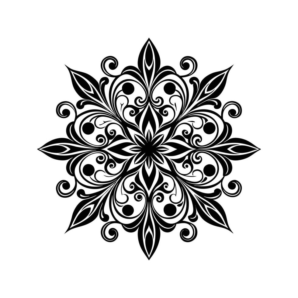 Elegant black and white floral mandala design with intricate swirls and leaf elements vector