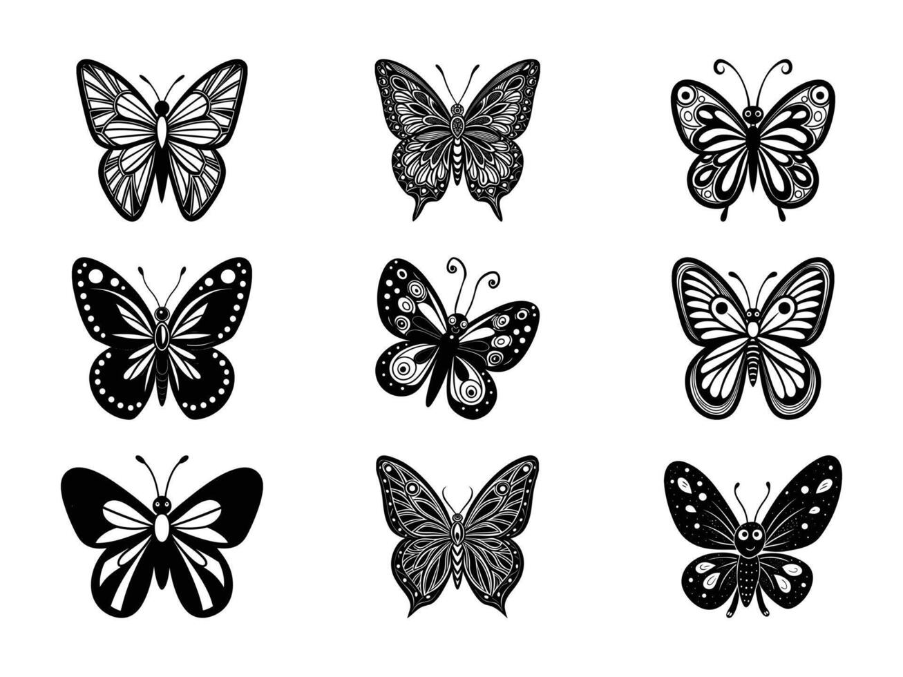 Collection of beautiful black and white butterfly illustrations for decorative design elements vector