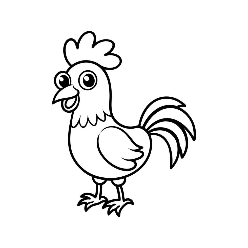 Cute cartoon drawing of a rooster with friendly expression in black and white vector