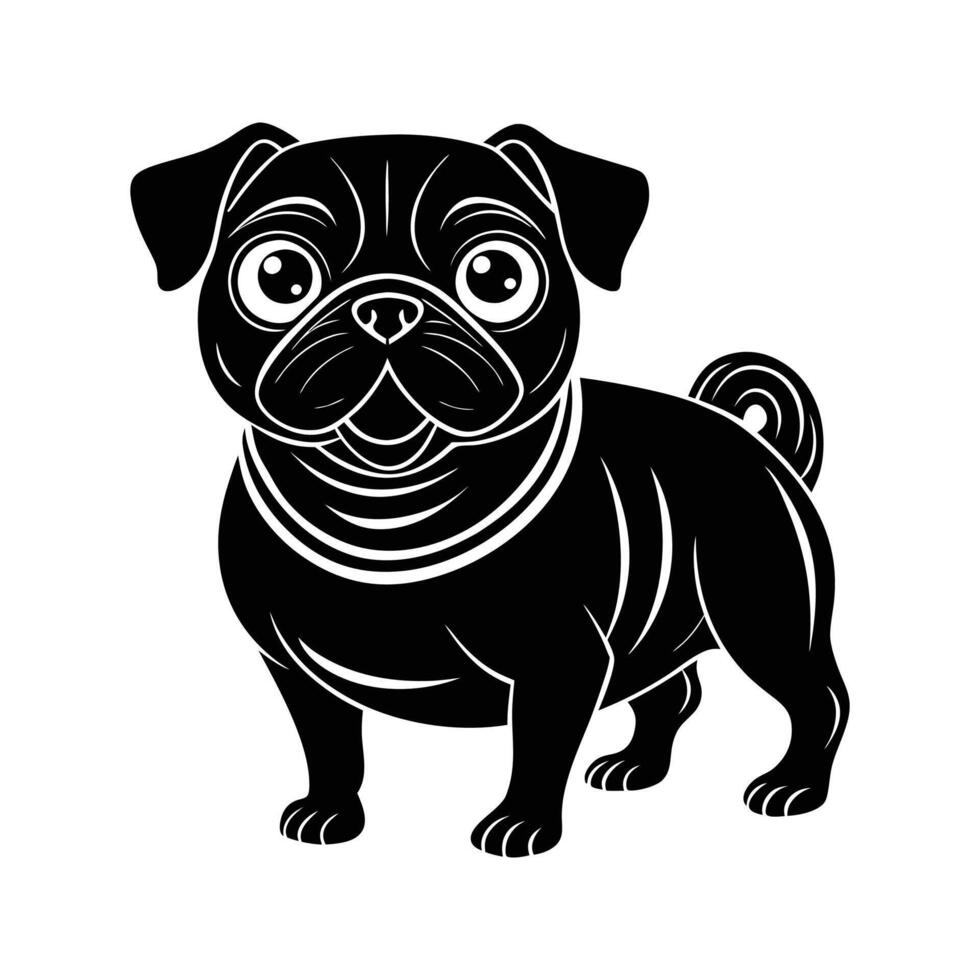 Charming black and white illustration of a playful cartoon pug dog vector