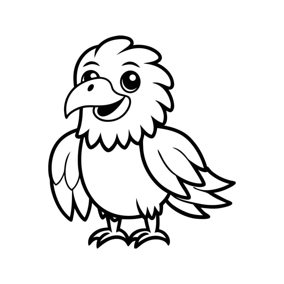 Cheerful cartoon bird illustration with simple black and white outlines for educational purposes. vector