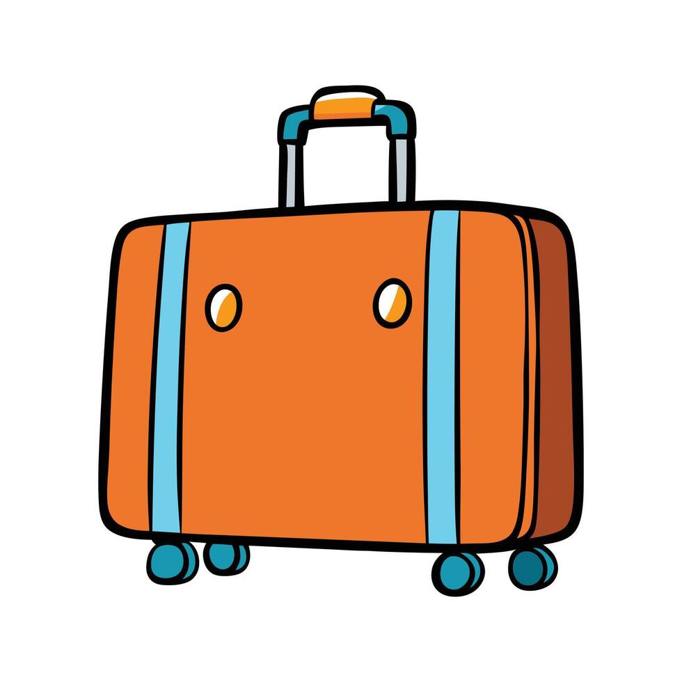 Cartoon illustration of an orange suitcase with blue accents and rolling wheels ready for travel vector