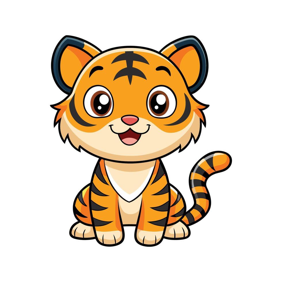 Cute cartoon illustration of a happy tiger cub sitting on a white background. vector