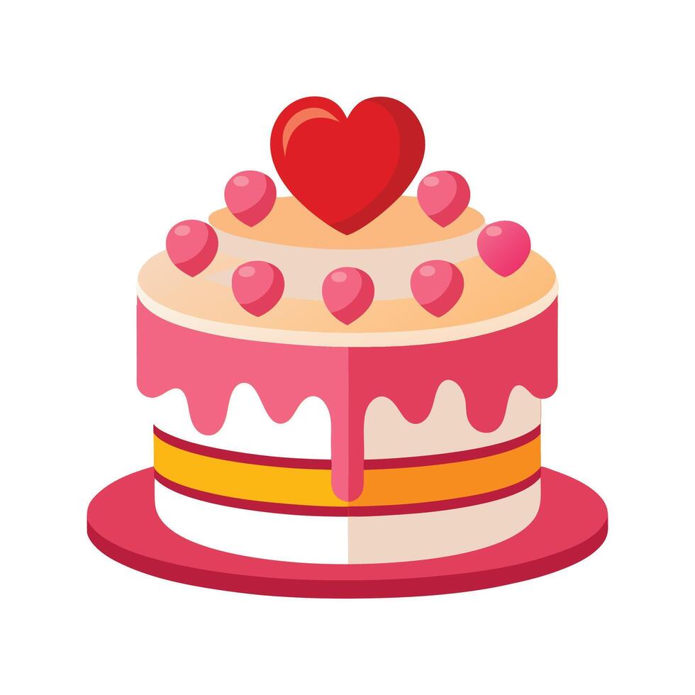 Decorated valentine day cake with heart topper and pink icing on white background vector
