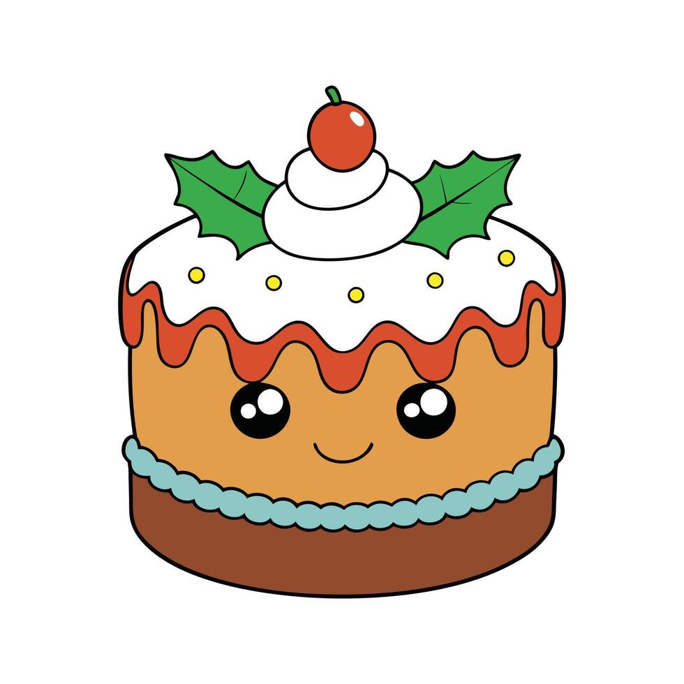 Adorable smiling cartoon christmas cake decorated with holly and cherry on white background vector