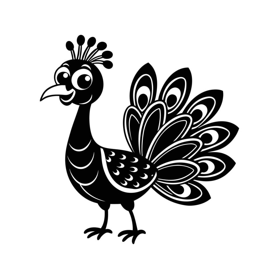 Charming stylized black and white peacock illustration isolated on a white background vector