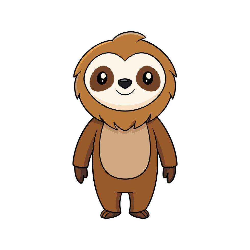 Cute cartoon illustration of a standing sloth with big eyes and friendly expression vector