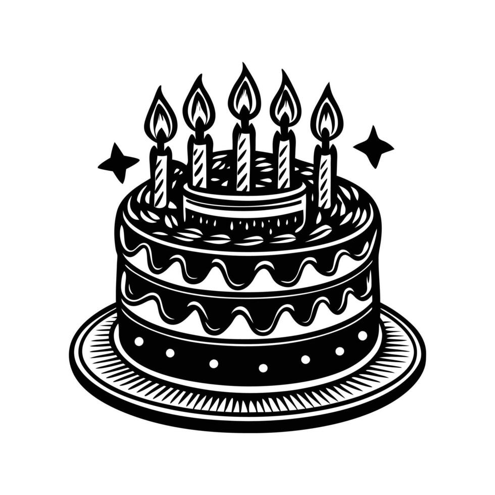 Classic birthday cake illustration featuring lit candles and decorative elements on a white background vector