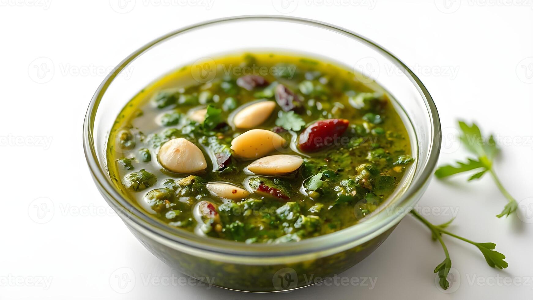 Bright and aromatic chimichurri verde in a glass bowl, styled against a minimalist white background photo