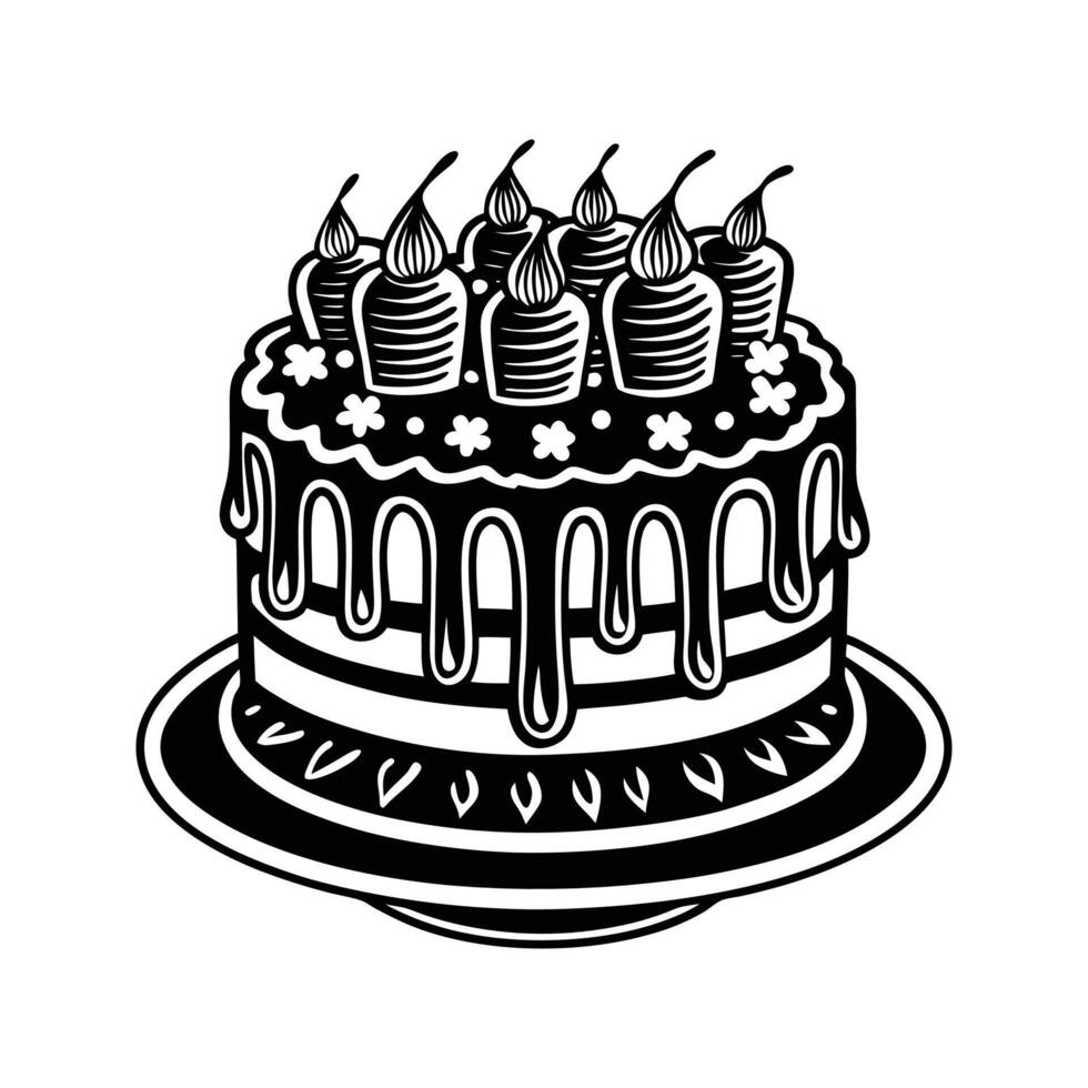 Black and white illustration of a layered birthday cake adorned with candles and decorations. vector
