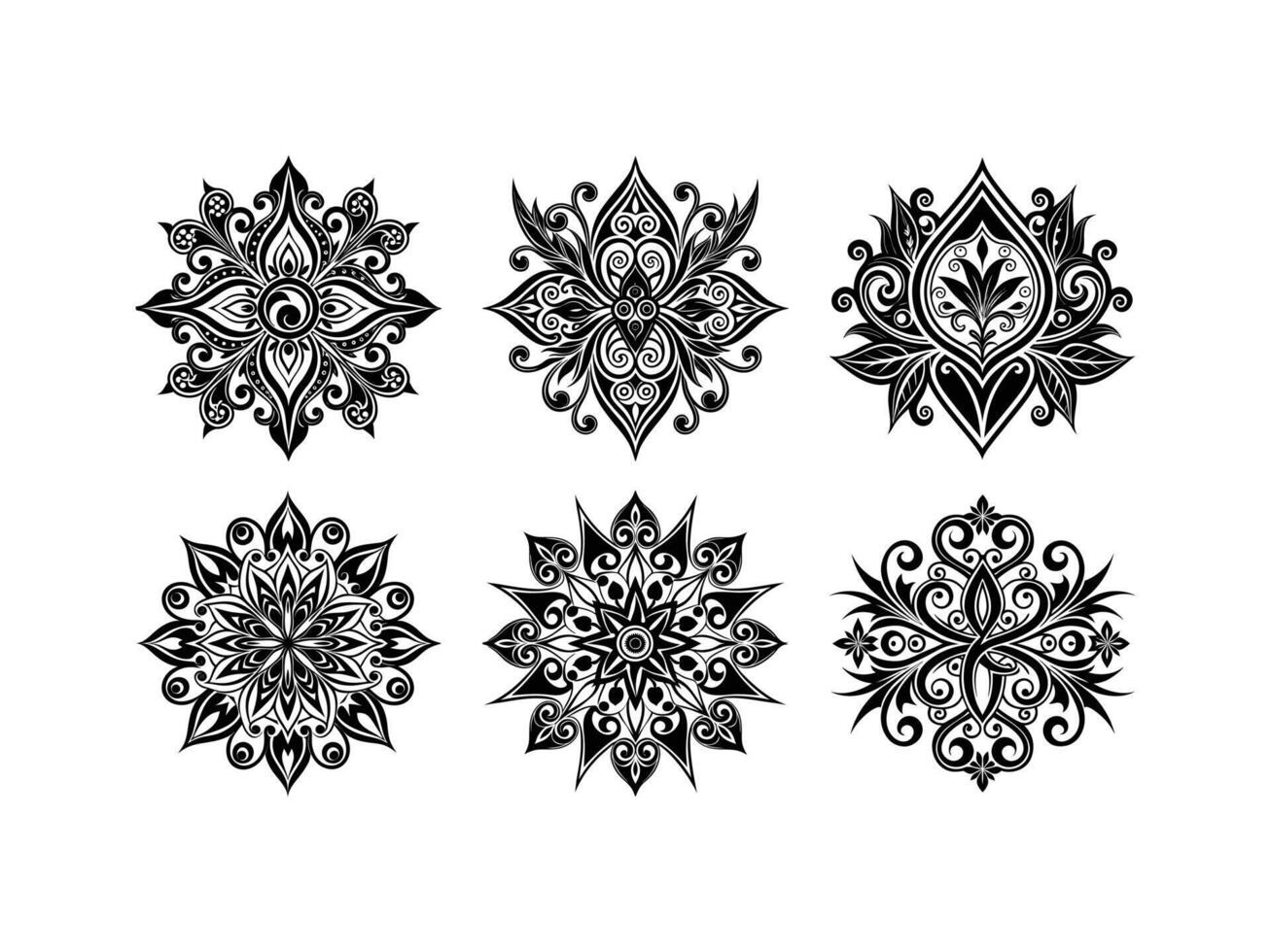 Collection of six elegant ornamental floral designs in black and white isolated on white background vector