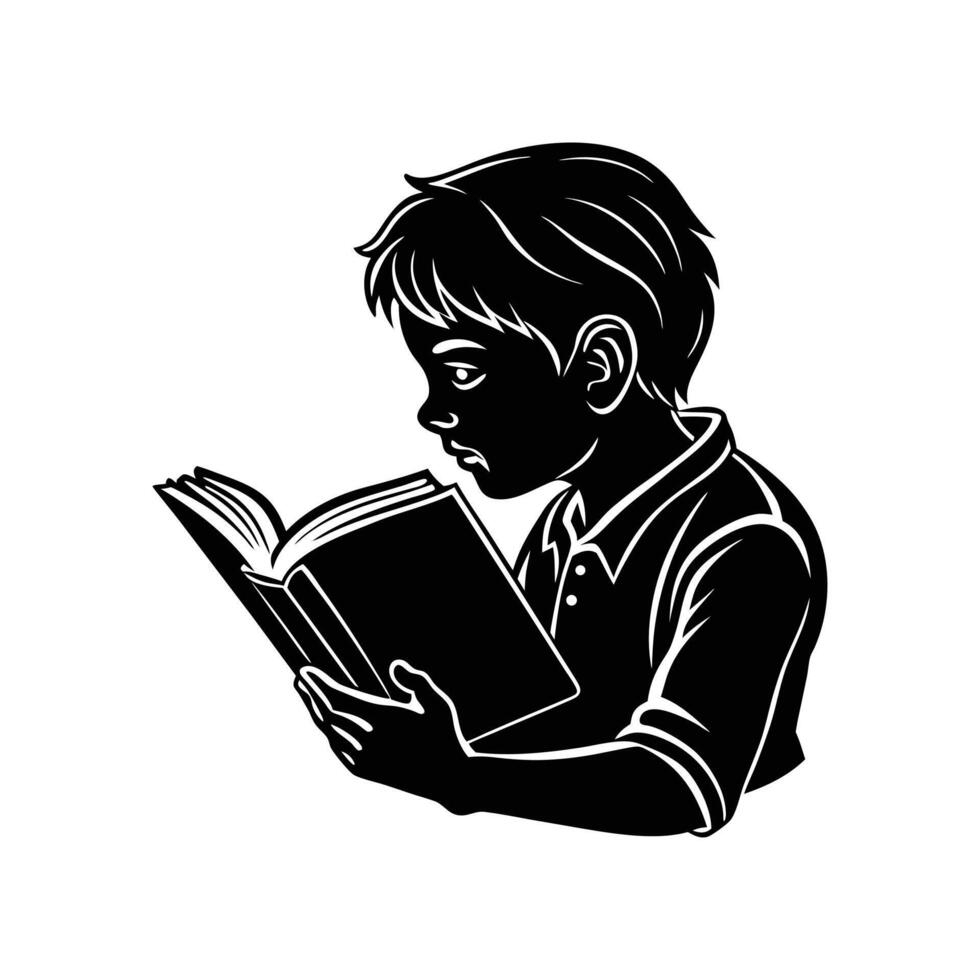 Silhouette illustration of a young boy immersed in reading a book with focused concentration vector