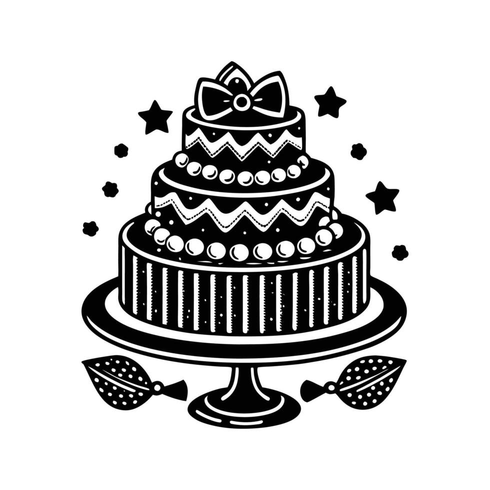 Elegant three tier cake with bow and stars decorative elements black and white graphic vector