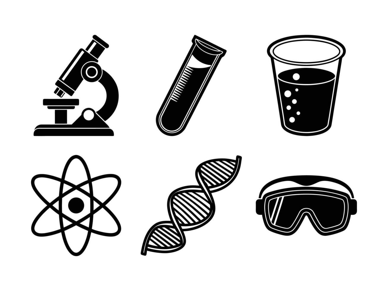 Black and white science icon set featuring microscope test tube atom dna and safety goggles vector