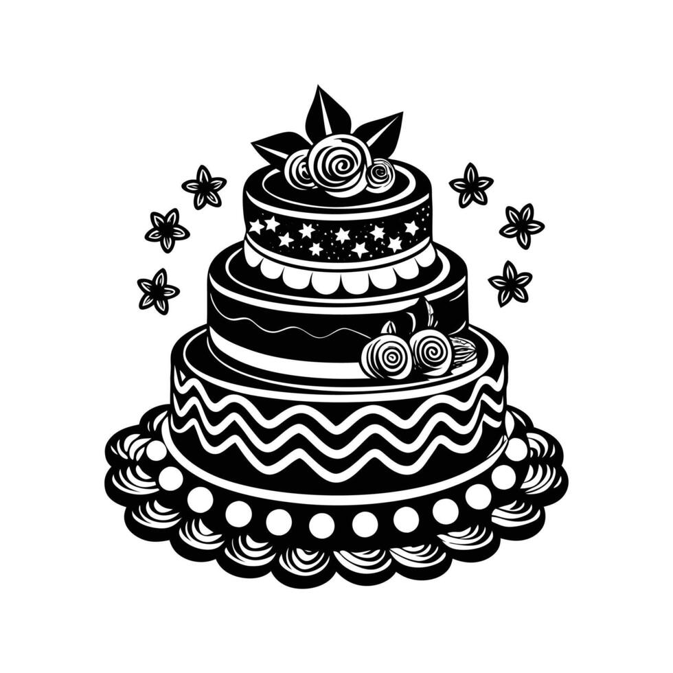Elegant three tiered cake with floral decorations in black and white design vector