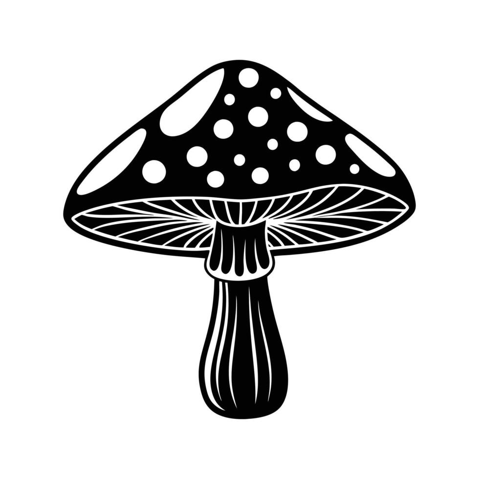 Black and white stylized illustration of a whimsical fly agaric mushroom isolated on white background vector