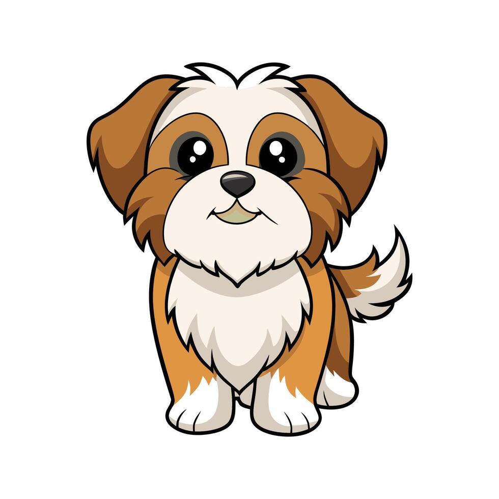 Adorable cartoon illustration of a smiling shih tzu puppy dog with large innocent eyes vector