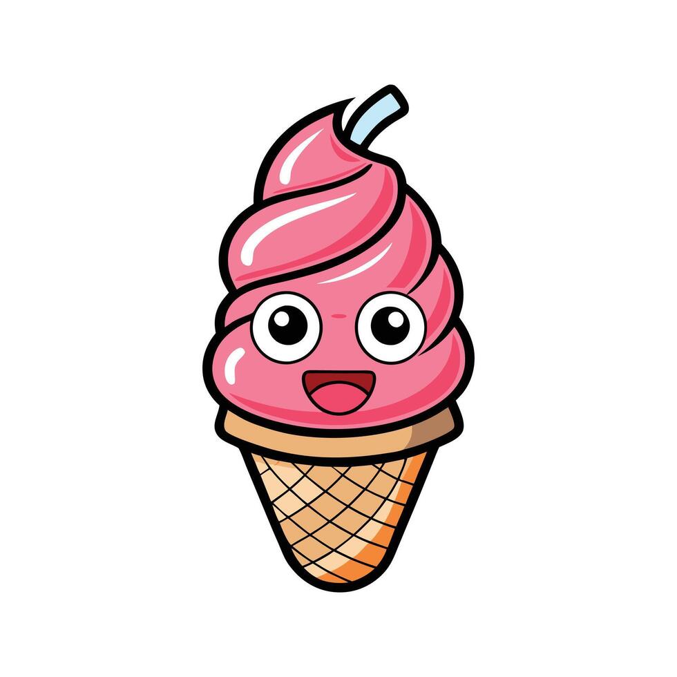 Adorable and happy cartoon ice cream cone illustration with pink swirls and a friendly face vector