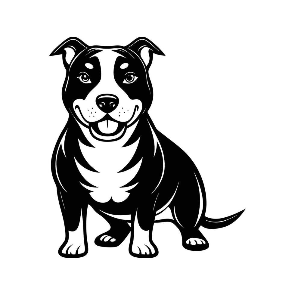 Playful black and white illustration of a happy sitting american pit bull terrier vector