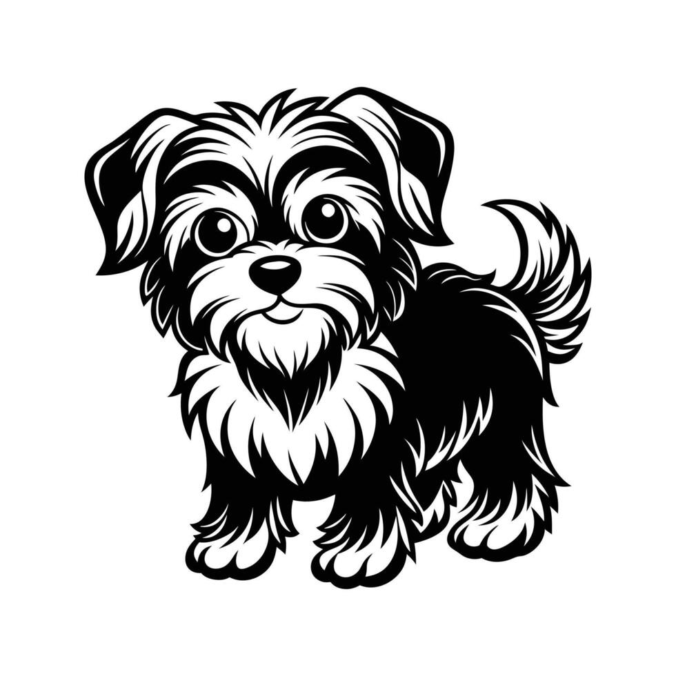 Adorable black and white cartoon illustration of a playful puppy dog with expressive eyes vector