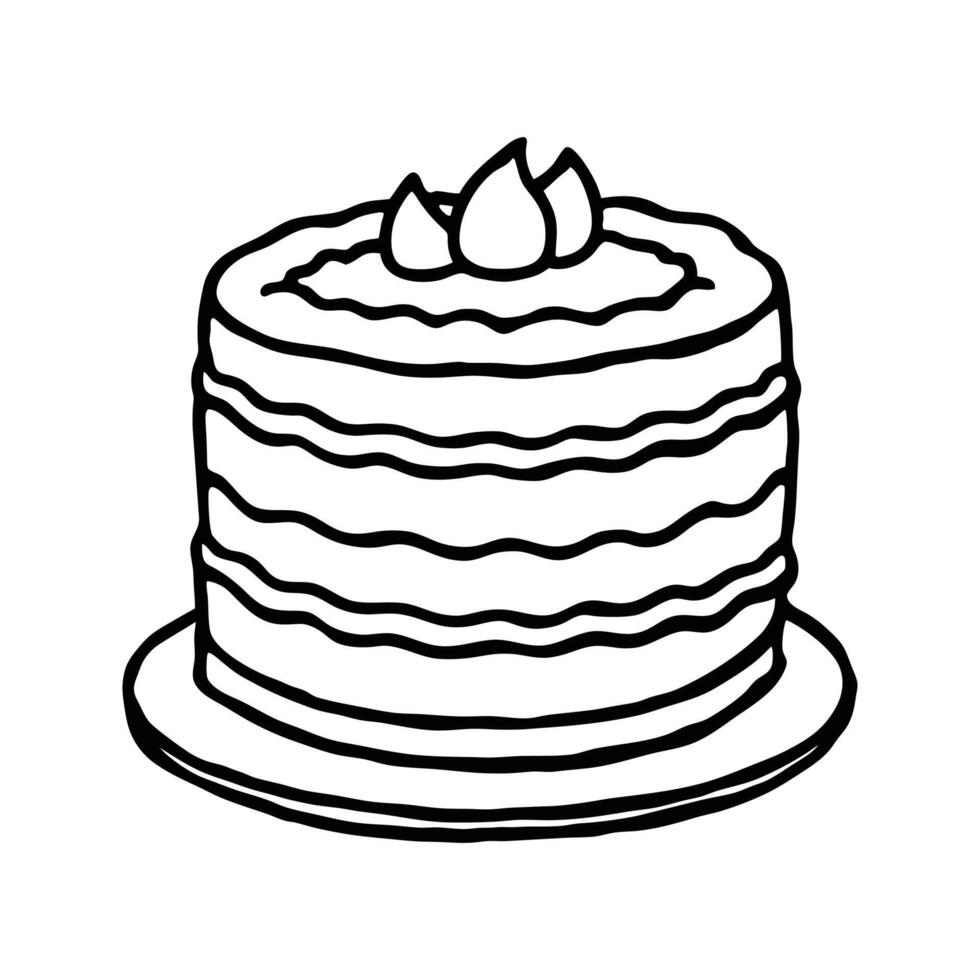 Simple black and white hand drawn illustration of a layered frosted birthday cake. vector