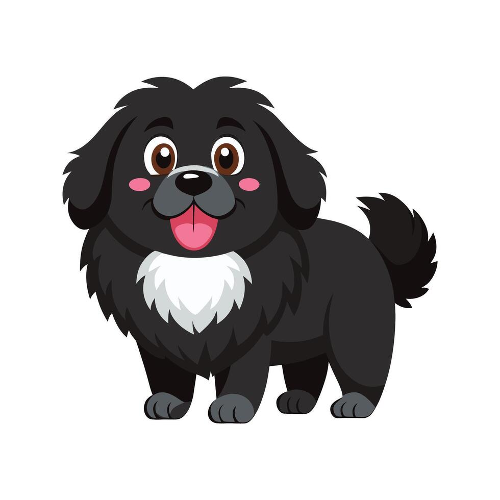 Adorable cartoon illustration of a happy black dog with fluffy fur and pink tongue showing vector