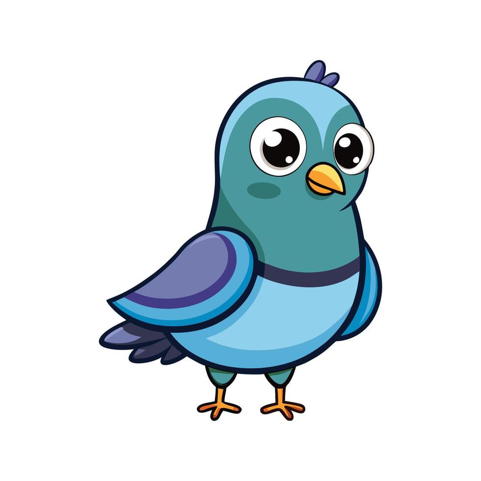 Adorable cartoon illustration of a cute blue pigeon with big eyes and happy expression vector