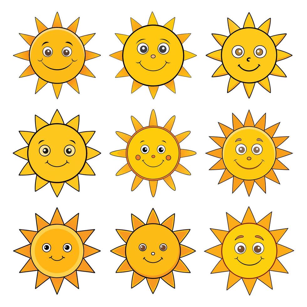 Smiling cartoon sun characters in various styles for children educational resources vector
