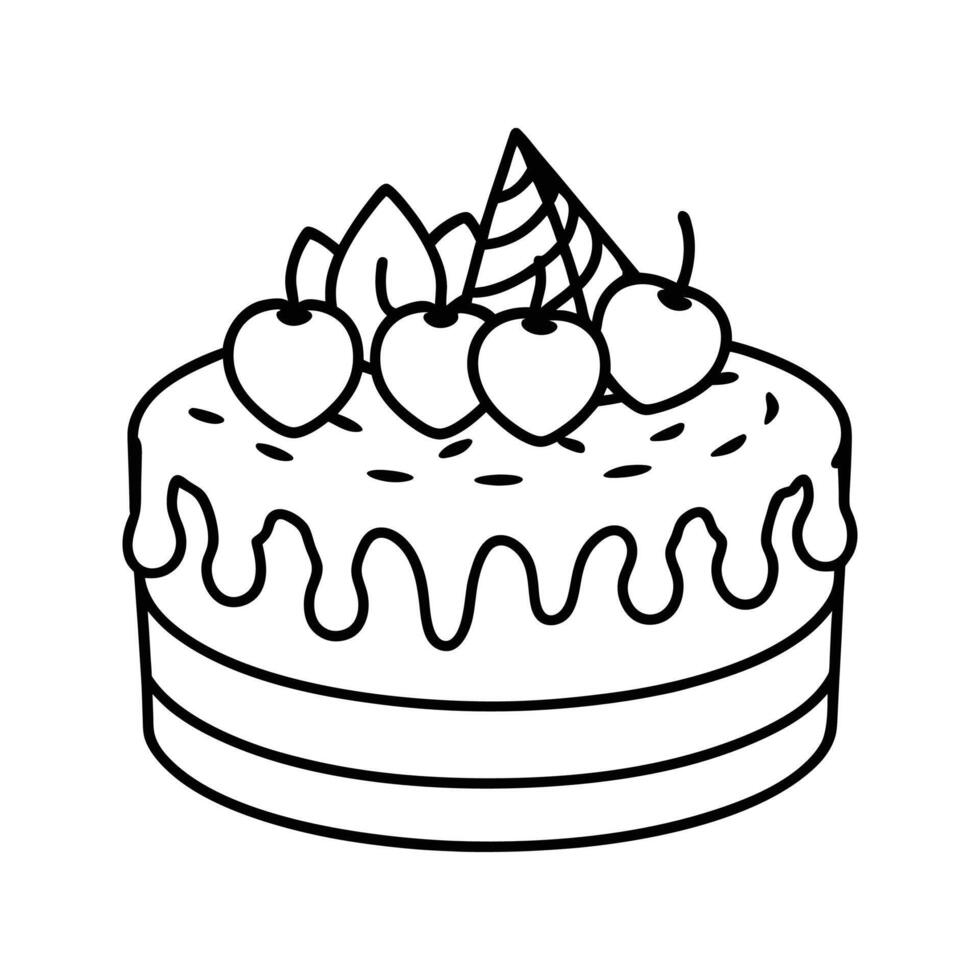 Simple black and white outline illustration of a birthday cake decorated with cherries vector