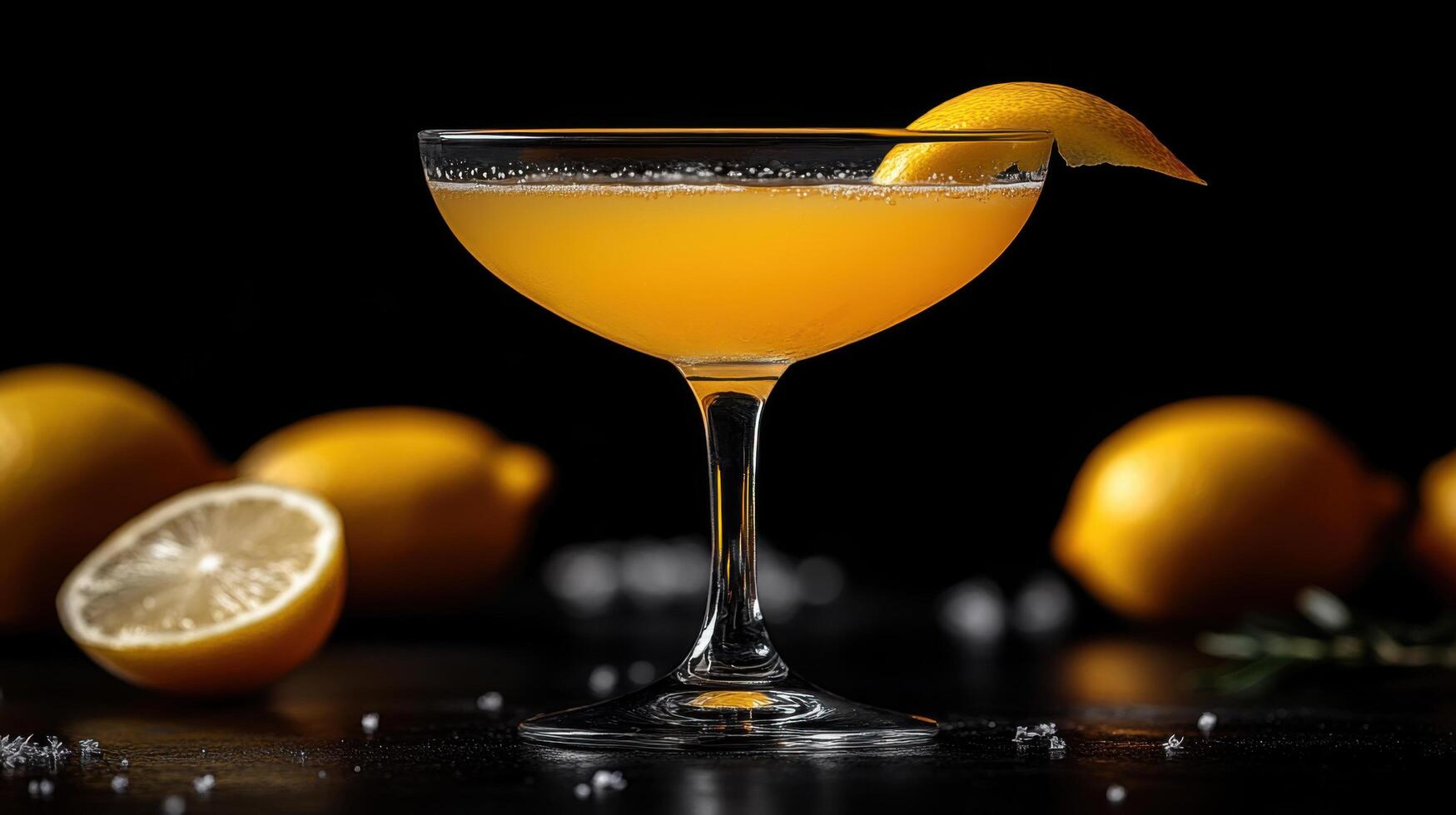 a cocktail with a lemon garnish on a black background photo
