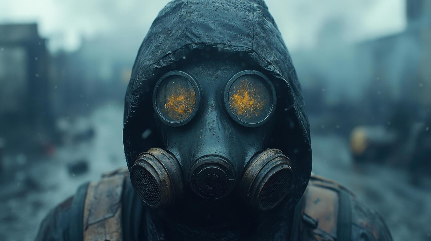 a man wearing a gas mask in the rain photo