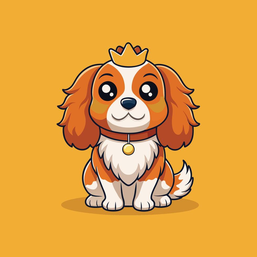 Adorable cavalier king charles spaniel puppy wearing a crown on a vibrant yellow background. vector