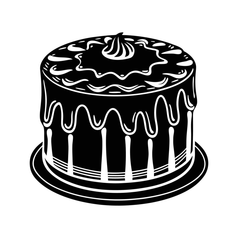 Delicious black and white illustration of a beautiful chocolate cake on a plate vector